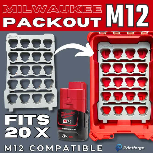 Milwaukee M12 Battery Packout Insert | Australian-Made Organisation Solution — 3D printed Australia | Printforge