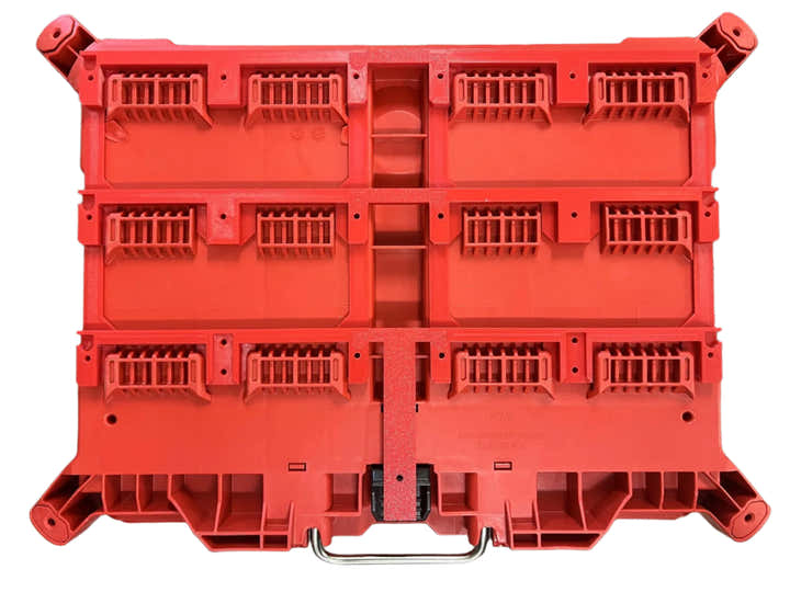 Red mounting plate fitted to the underside of a PACKOUT toolbox; toolbox and fixings not included
