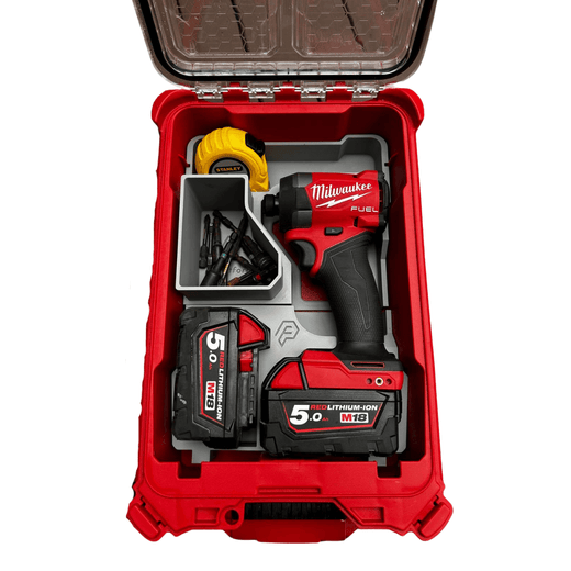 Custom 3D-printed insert holding a Milwaukee M18 impact driver and two batteries inside a PACKOUT case