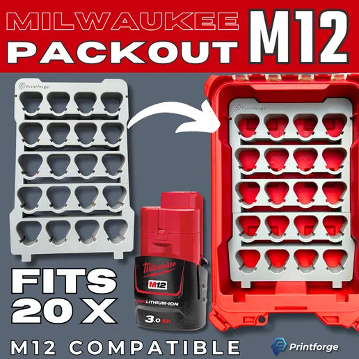 Milwaukee M12 Battery Packout Insert | Australian-Made Organization Solution — 3D printed Australia | PrintForge