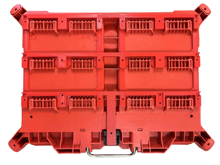 Printforge mounting plate shown fitted beneath a red PACKOUT toolbox; toolbox not included